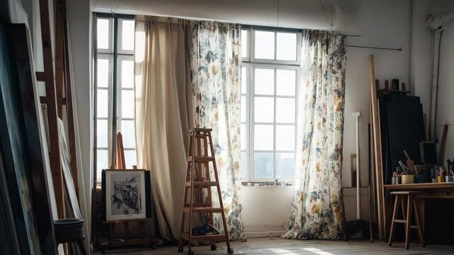 Empty artist studio bathed in sunlight, featuring floral curtains, wooden ladder, easel, and painting tools