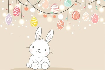 Obraz premium Minimalist cartoon bunny with pastel hanging Easter eggs and festive string lights