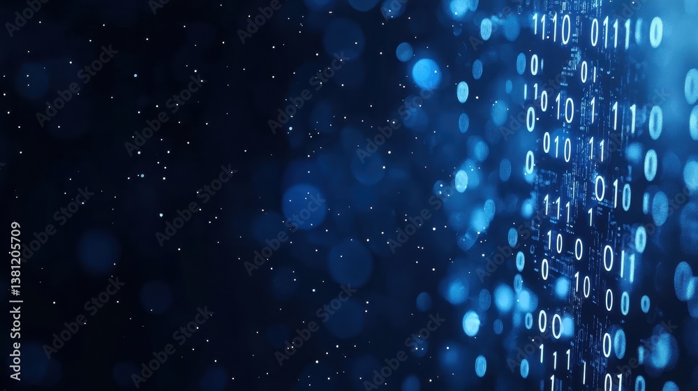 Poster cyberspace digital matrix of binary codes flowing in a deep blue cyberspace background.