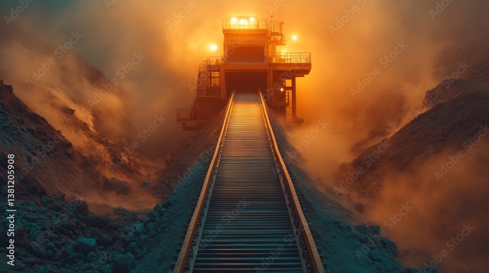Poster a mining facility emerges from thick dust clouds at sunrise, showcasing machinery and infrastructure