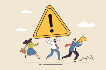 Attention message announcement, important communication or advertisement, beware warning, careful symbol or urgent notification concept, business people carrying attention sign with loud speaker.