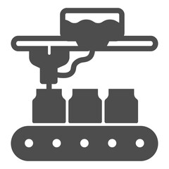 Faucet tap at conveyor with jars solid icon, pharmacy concept. Vector graphics. Conveyor belt with jar medicine product sign on white background, glyph style icon for mobile or web design.