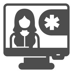 Monitor screen with medical consultant solid icon, pharmacy concept. Vector graphics. Display with doctor woman, online sign on white background, glyph style icon for mobile or web design.