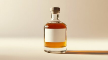 Fototapeta premium Miniature spirits, liquor bottle mockup. Clear glass and liquid with a blank label, Generative Ai.