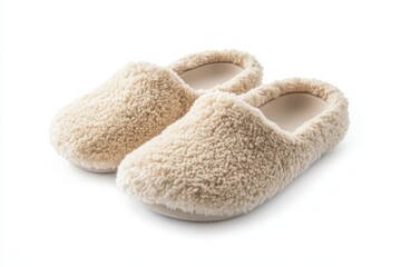 On a plain white background, a pair of beige fuzzy slippers is presented as the epitome of comfort and a stylish addition to home interiors