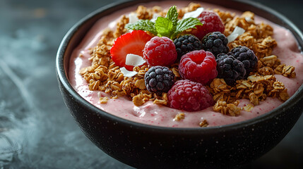 Eating Healthy Yogurt Bowl with Granola and Fresh Mixed Berries