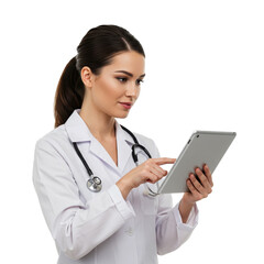 Female doctor in white coat using a tablet with stethoscope around her neck in a studio setting on transparent background