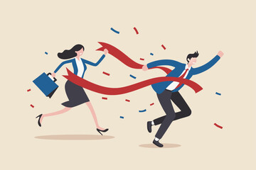 Finish line winner, business competition success victory, race goal or achievement, fast speed or strength leader, motivation to win opportunity concept, businessman champion winner race finish line.