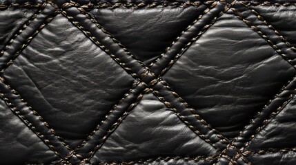 Naklejka premium Realistic black leather texture with diamond stitch pattern, close-up view of premium fabric surface