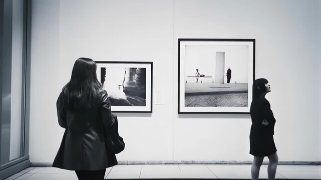 Two women, likely art enthusiasts or critics, are appreciating black and white photographs displayed on a clean white wall in a contemporary art gallery