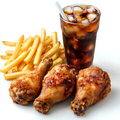 Fried chicken drumstick combo meal with golden fries and soda,