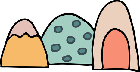 Whimsical Hand-Drawn Mountains and Caves in Pastel Color Tones, Perfect for greeting cards, kids illustrations, nature themed designs, nursery decor, seamless patterns for fabric