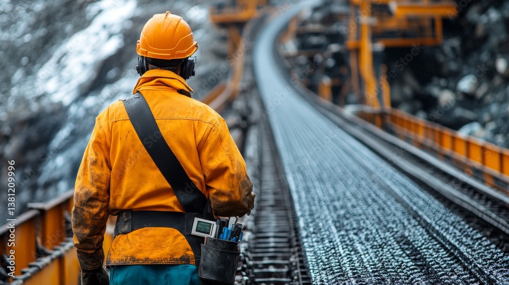 Poster a miner stands on a railway track observing the excavation machinery at a quarry site. the area is s