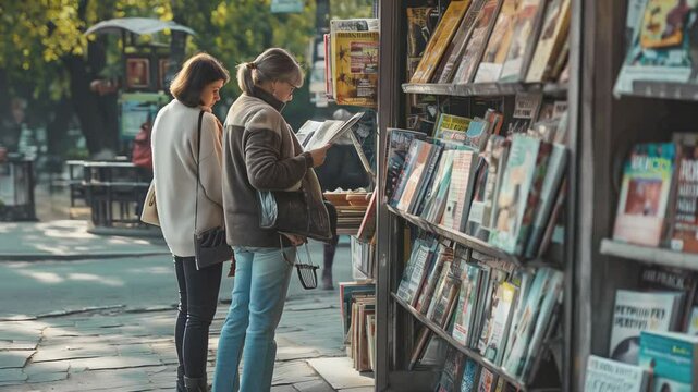 Woman scanning vintage book titles, browsing eclectic titles near bustling city street during golden afternoon sunlight