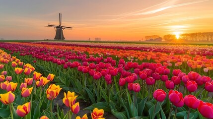 <Vibrant Tulip Fields at Sunset: Scenic Netherlands Windmill and Colorful Spring Blooms>