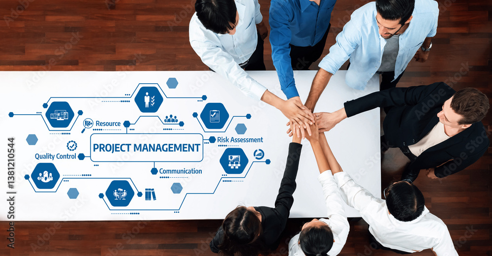 Poster a dynamic scene of teamwork where individuals place their hands together on a table, symbolizing col