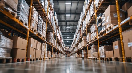 Fototapeta premium Warehouse Shelves Filled with Boxes Representing Retail Stock Turnover