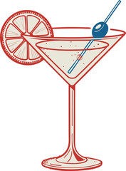 Vector Illustration of Martini Glass with Orange Slice in Red Monochrome – Elegant Cocktail Design on Transparent Background