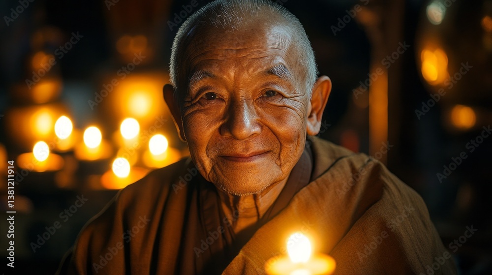 Poster an elderly monk sits peacefully in a dimly lit temple, surrounded by flickering candlelight. his gen