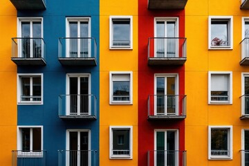 A vibrant apartment building exterior divided into bold blocks of blue, yellow, and red, offering a playful and contemporary urban aesthetic that attracts attention.