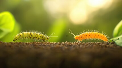 Fototapeta premium Two Caterpillars Meeting, Close up of two caterpillars facing each other.