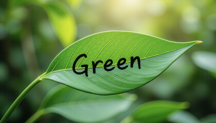 A leaf with the word green written on it. A leaf with the word green written on it