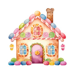 watercolor A gingerbread house with candy decoration