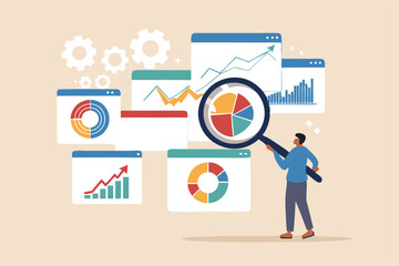 Analysis report research result, chart and diagram dashboard, financial graph statistics, analyze data, SEO or optimization concept, businessman with magnifying glass analyze research chart and graph.
