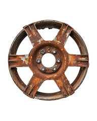 A vintage, rusted car wheel showcasing wear and decay, perfect for automotive themes or industrial textures. isolated on a transparent or white background