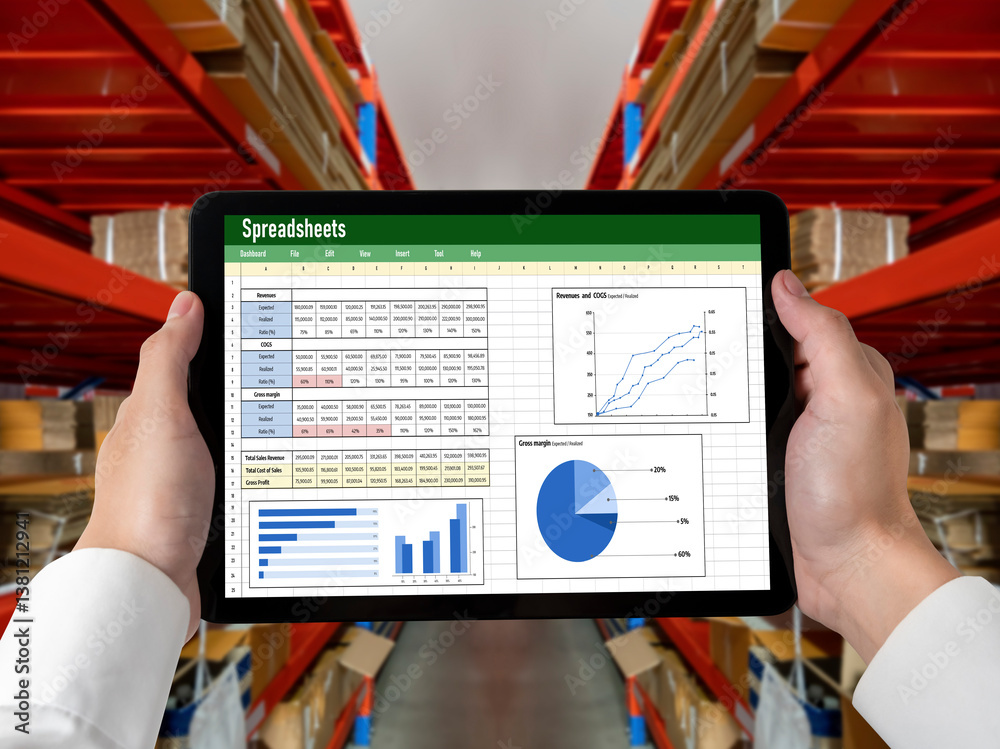Poster spreadsheet document information financial startup concept. data and graphs in spreadsheet documents