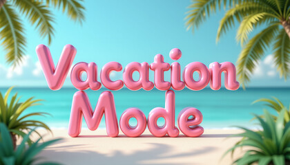 Obraz premium A beach scene with a pink word that says vacation mode. The word is in pink and is written in a way that it looks like it is floating in the air. The beach is calm and peaceful
