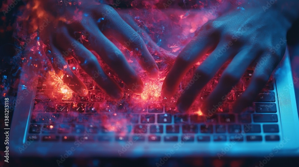 Poster hands dance across a glowing keyboard, enveloped in a swirl of colorful light