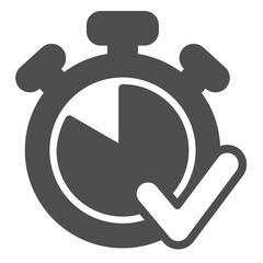Stopwatch and checkmark solid icon, project schedule concept. Vector graphics. Timer with task complete, success sign on white background, glyph style icon for mobile or web design.