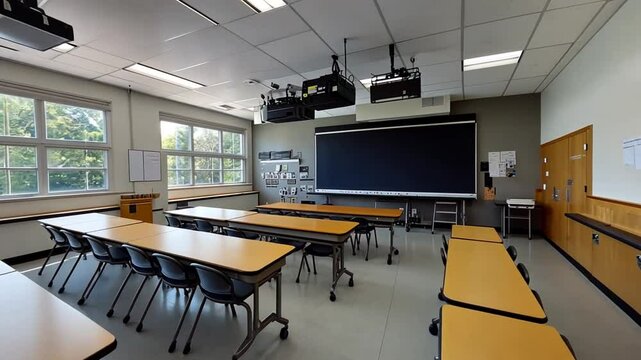 A well-lit, empty classroom with rows of desks, a large screen, and several windows.