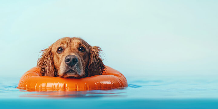 A dog swims in the pool wearing an inflatable life jacket. Pet rehabilitation recovery training, hydrotherapy, postoperative clinic physical therapy 