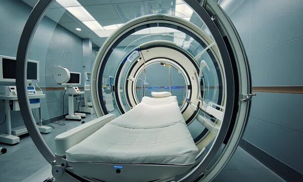 A modern medical facility featuring a hyperbaric chamber and medical equipment.