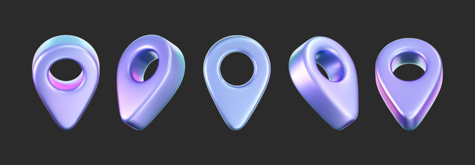 3D holographic location pin icons with iridescent and neon effects. Isolated on a dark background. Render of a geolocation pointer with a rainbow gradient. Perfect for GPS app, digital map. 3D vector