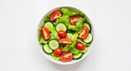 Fresh salad with lettuce, tomatoes, and cucumbers in a bowl  