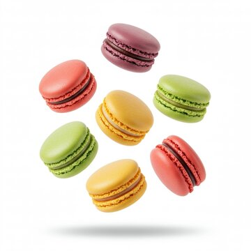 colorful macaroons floating in the air on white background