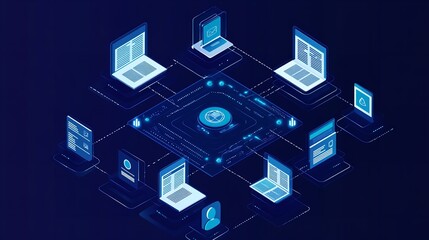 A digital illustration of an isometric network linking user profiles with document images