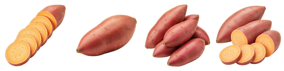 Whole, sliced, and stacked sweet potatoes.