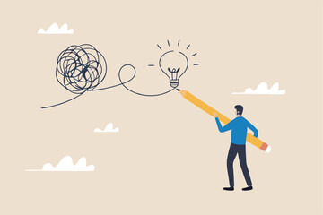 Creativity to solve problem, solution from trouble or difficulty, simplify idea from messy chaos problem, business skill solve complex obstacle concept, business man draw lightbulb from messy knot.