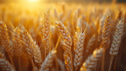 Golden wheat field, bathed in warm sunlight, showing ripe grain heads