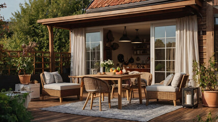 An inviting outdoor patio attached to a wooden sided house with a tiled roof. 