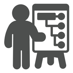 Marketer man at whiteboard infographics solid icon, presentation concept. Vector graphics. Human with presentation stand sign on white background, glyph style icon for mobile or web design.