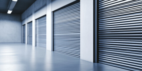 Obraz premium Self storage facility corridor with metal automatic doors, indoor garage units for rental and storage. Safe, secure, business inventory moving. 