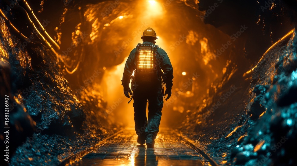 Poster a miner in a safety suit walks through a dimly lit underground tunnel. the atmosphere is heavy with 