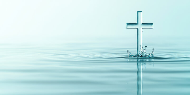 Сross symbol in water with splash. Clean water droplets with Christian symbol. Creative concept of Christian baptism in holy water