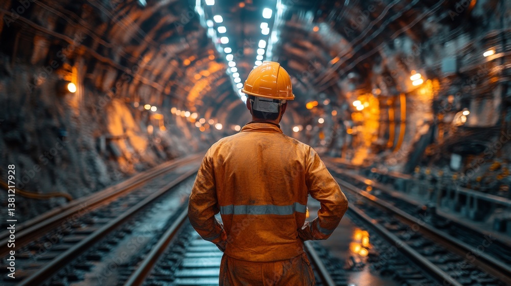 Aufkleber a worker in an orange uniform and hard hat observes the dark, lit tunnel in a mining operation. the 