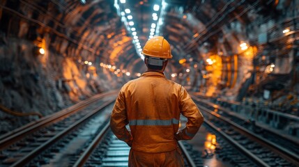 A worker in an orange uniform and hard hat observes the dark, lit tunnel in a mining operation. The atmosphere reflects a modern excavation site focused on mineral extraction and safety measures.